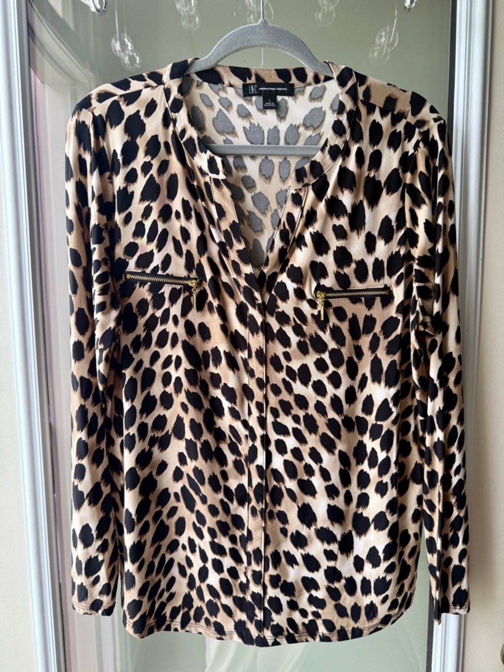 INC International Concepts Women's Leopard Print Zip-Pocket Blouse - Beige/Black